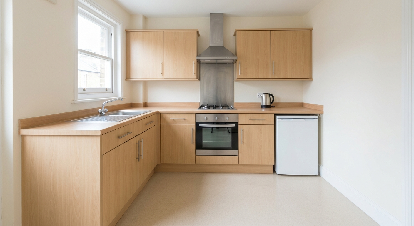 Hackney — End of tenancy deep clean of a two-bedroom flat kitchen — degreased units, descaled sink, sanitised surfaces and appliances brought to handover standard. — after