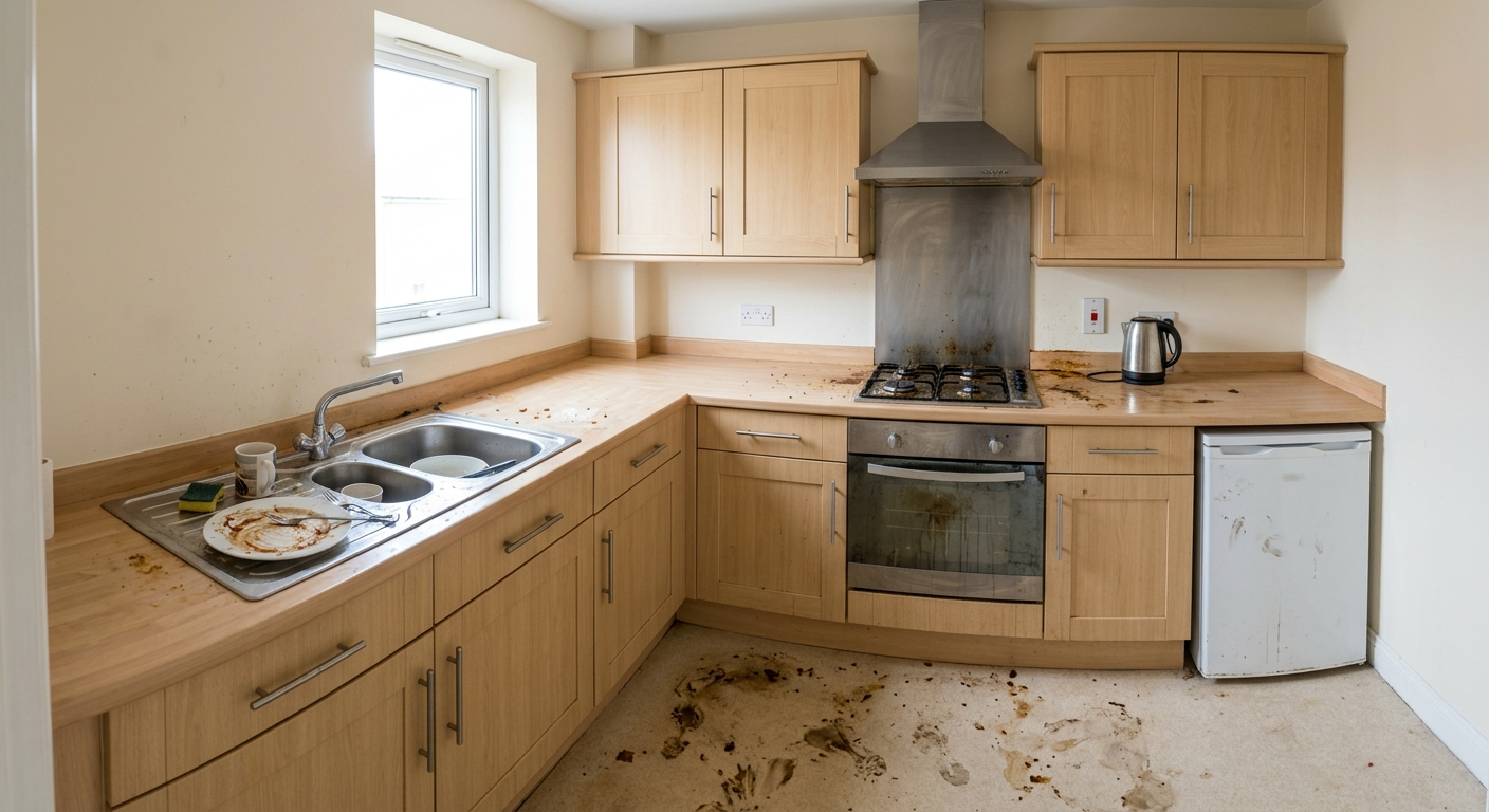 Hackney — End of tenancy deep clean of a two-bedroom flat kitchen — degreased units, descaled sink, sanitised surfaces and appliances brought to handover standard. — before
